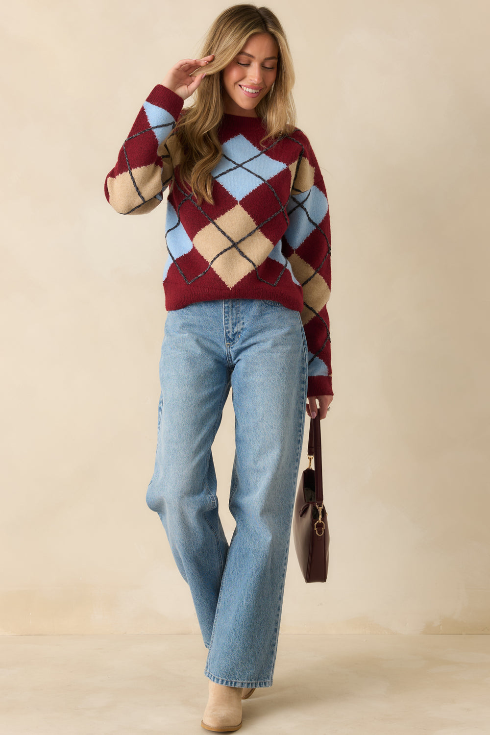 Soft-Long-Sleeve-Sweater-Ribbed-Trim-Vibrant-Argyle-Design