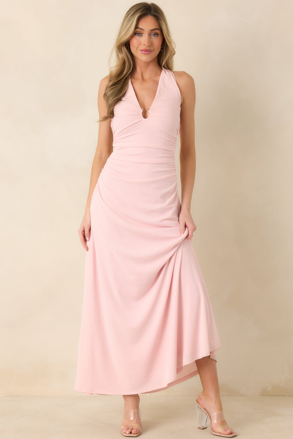 Soft-Pink-Midi-Dress-Featuring-Halter-Neckline-With-Keyhole-Detail