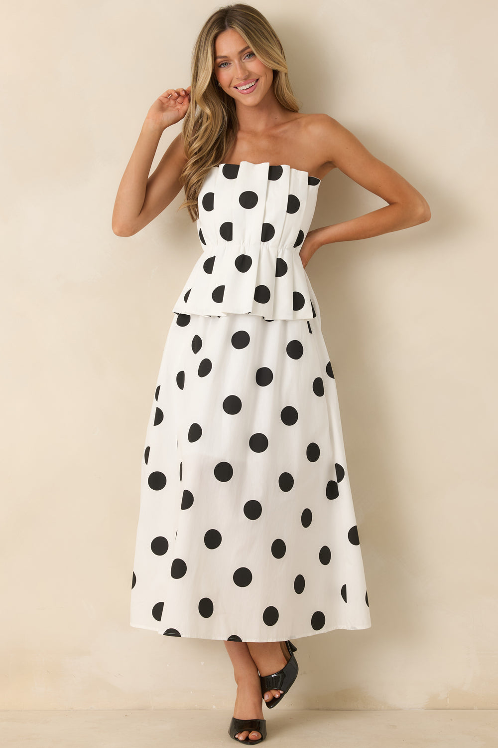 Strapless-Black-Polka-Dot-Peplum-Midi-Dress