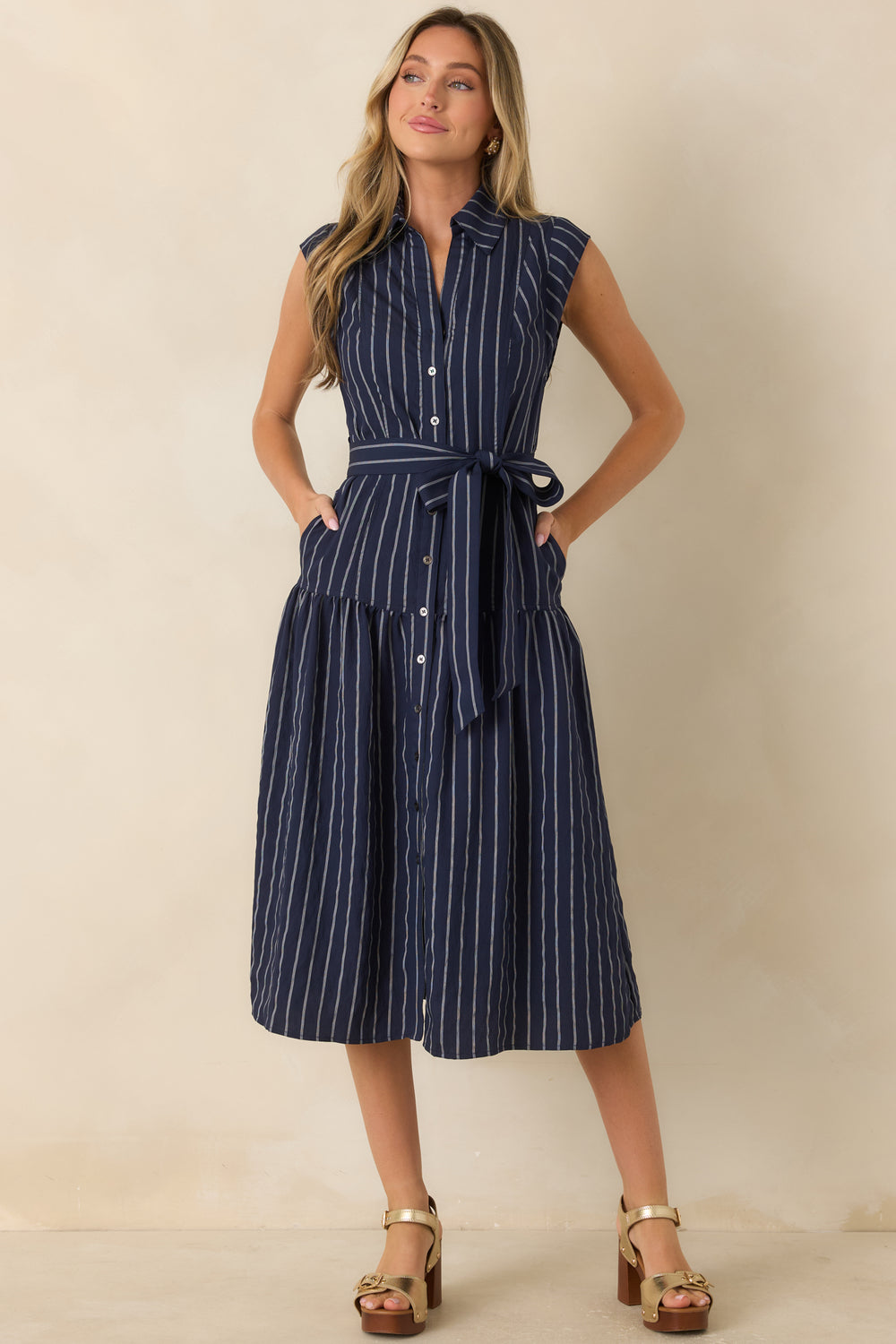 Striped-Collared-Button-Front-Midi-Dress