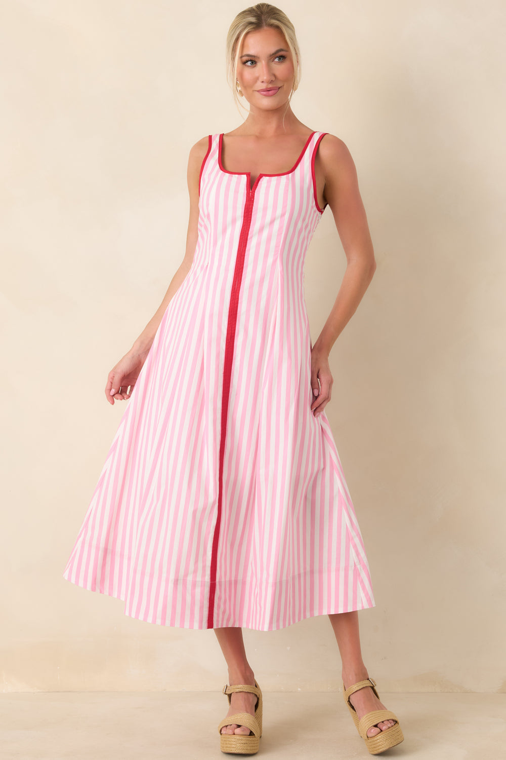 Structured-Pink-And-White-Striped-Dress-With-A-Flared-Skirt