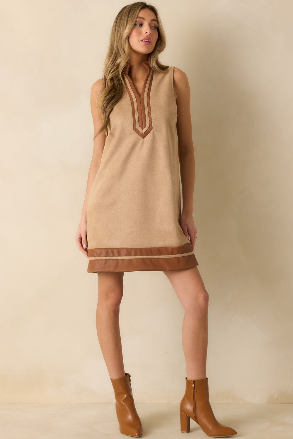 Tan-Sleeveless-Mini-Dress-Shift-Silhouette-Split-Neckline-Faux-Leather-Collar-Hem
