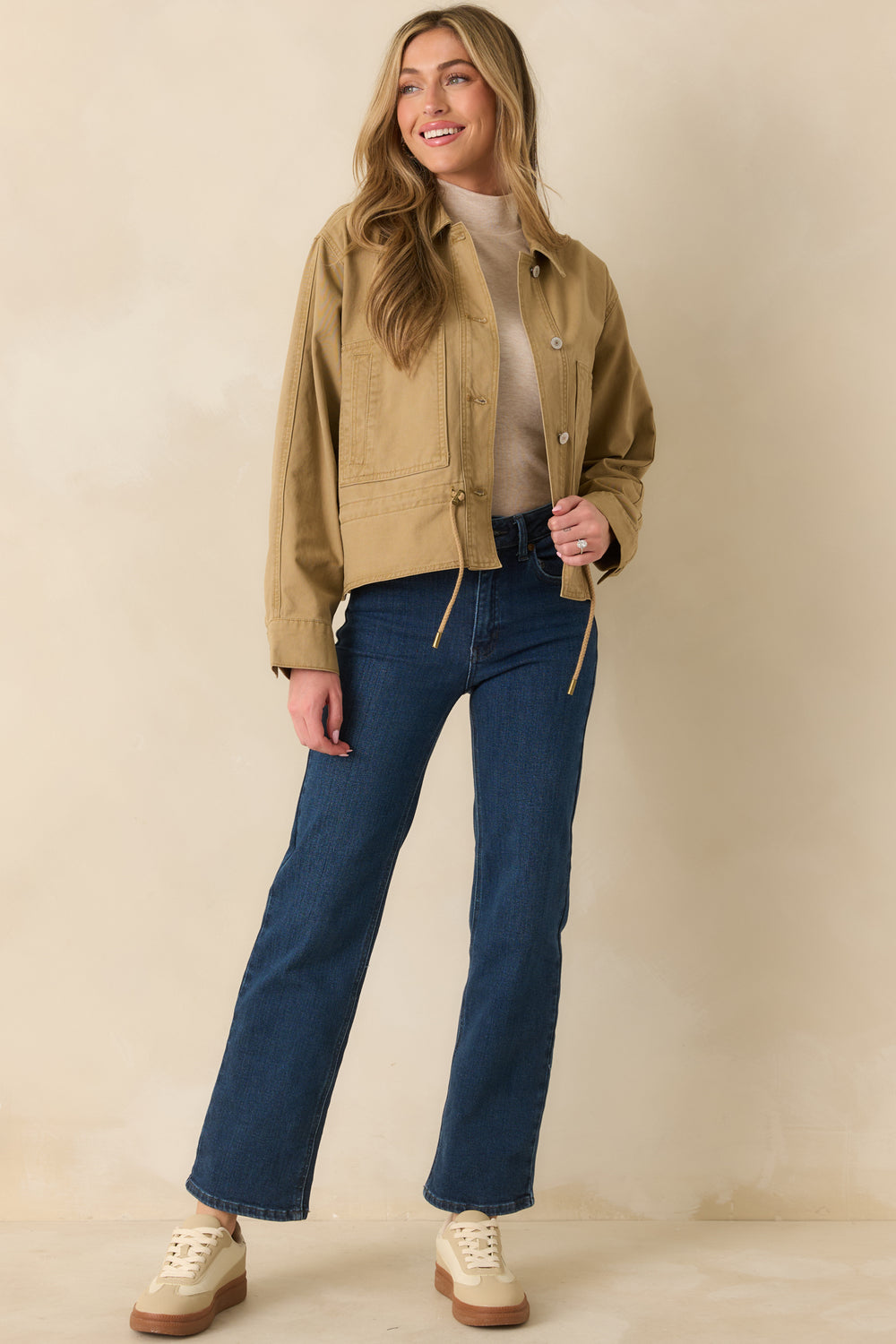 Tan-Utility-Jacket-Relaxed-Silhouette-Adjustable-Drawcord-Hem