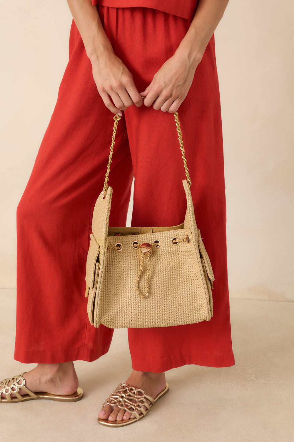 Taupe-Quilted-Handbag-Gold-Grommets-And-Chain-Strap