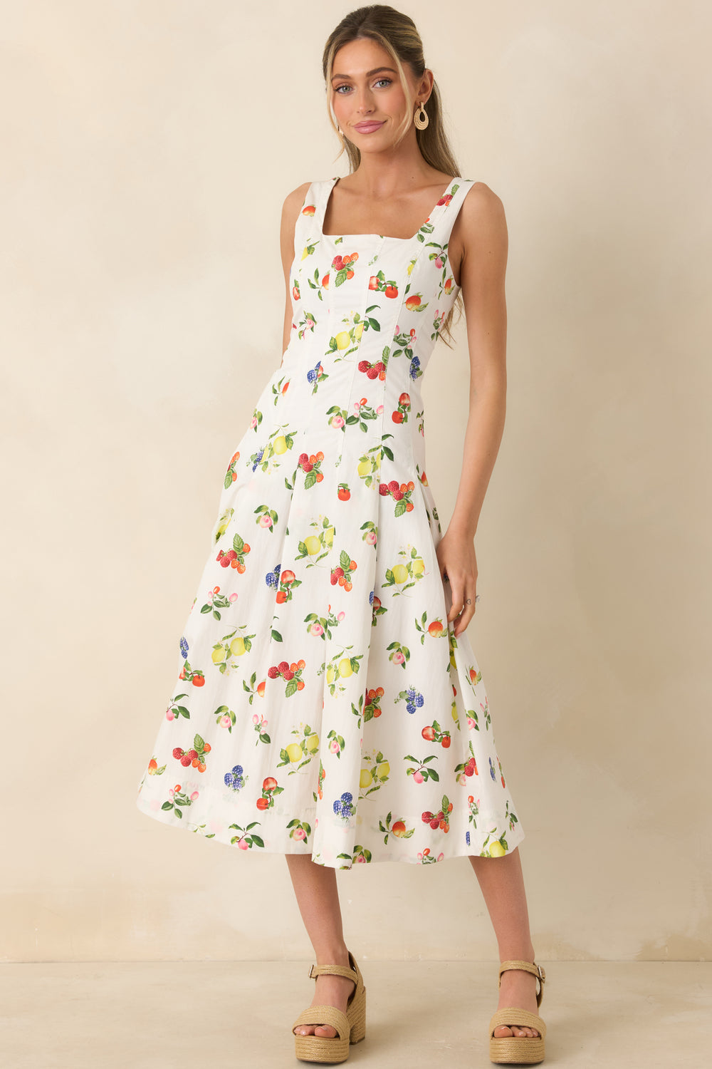 White-Cotton-Midi-Dress-With-Colorful-Fruit-Print