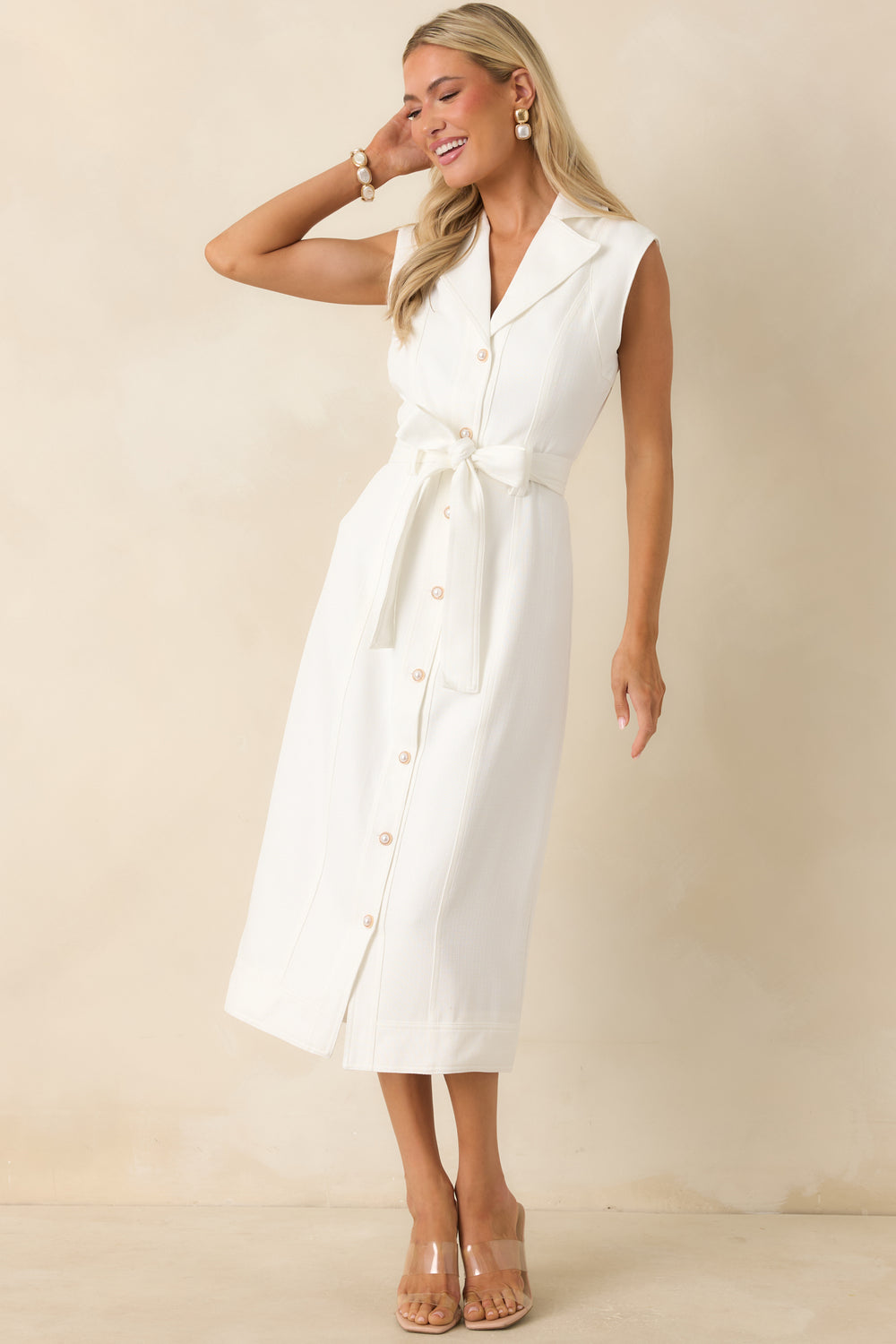 White-Midi-Dress-Collared-Button-Front-Cap-Sleeves-Belt