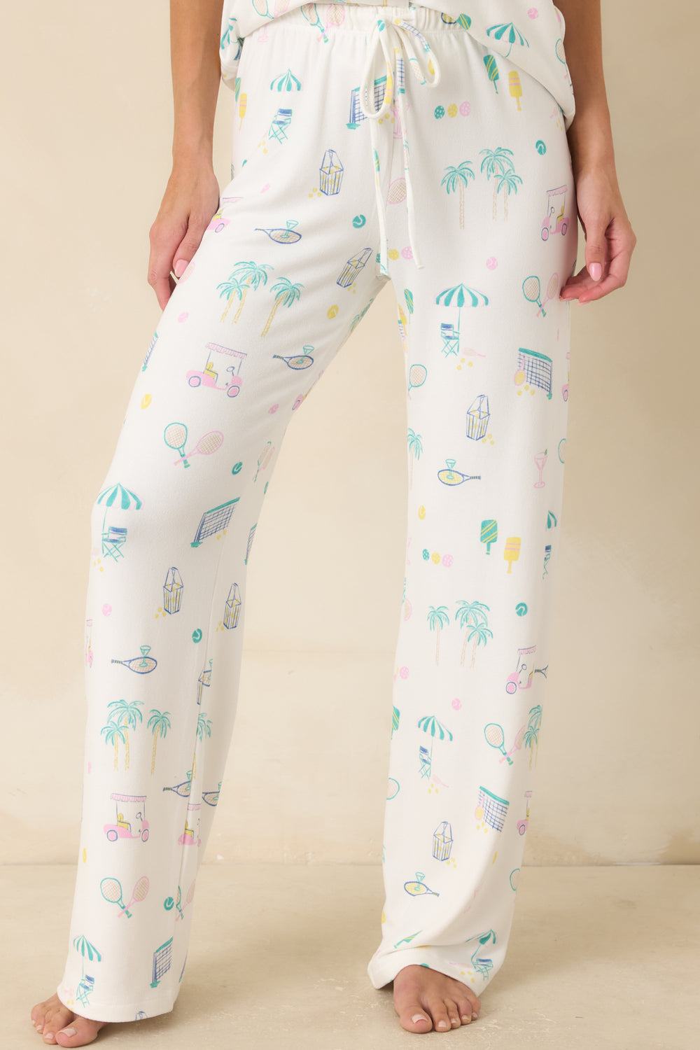 White-Pajama-Pants-Elastic-Waistband-Adjustable-Drawstring-Colorful-Print-Details