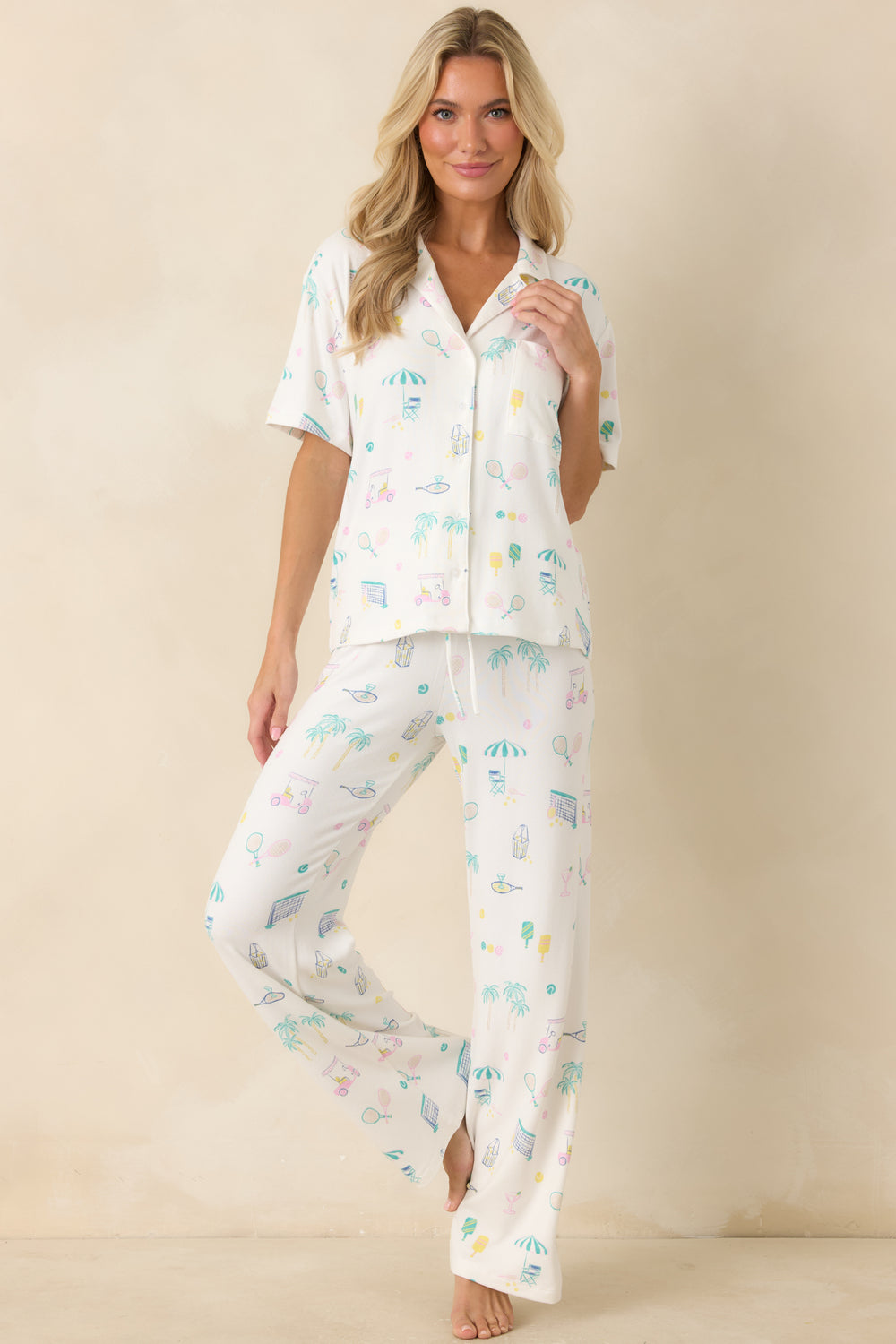 White-Pajama-Top-Jersey-Knit-Collared-Short-Sleeve-Resort-Print