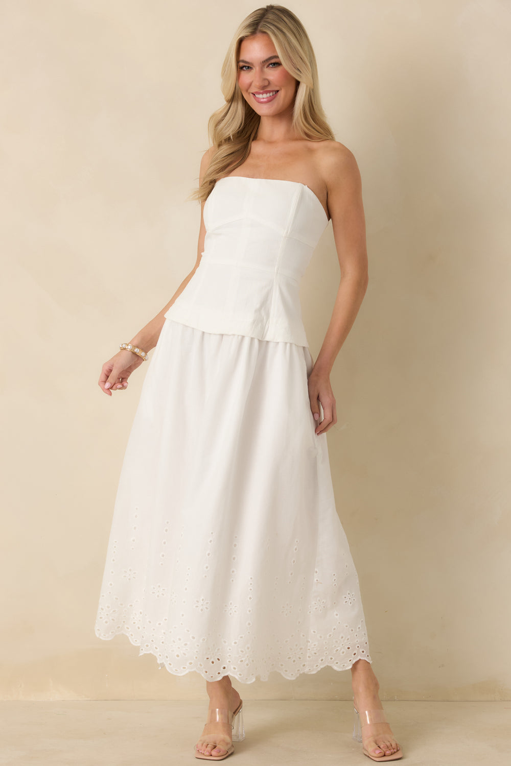 White-Strapless-Midi-Dress-Showcasing-The-Structured-Seamed-Bodice