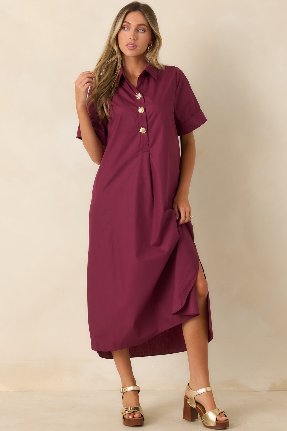 Wine-Red-Collared-Gold-Button-Maxi-Dress