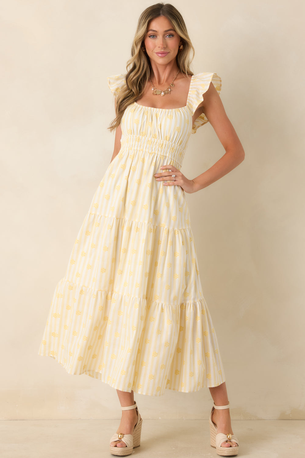 Yellow-Floral-Maxi-Dress-With-Flutter-Sleeves