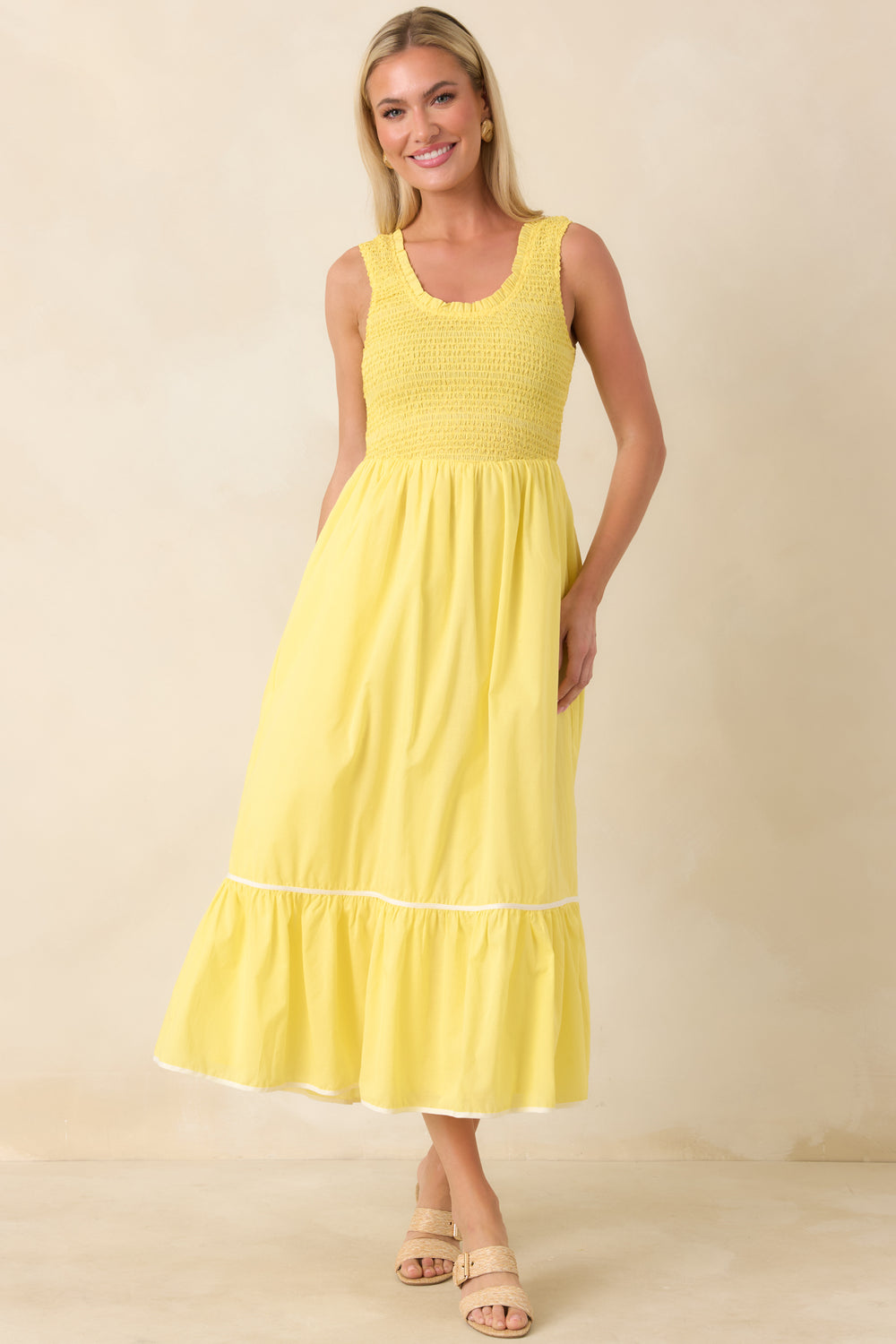 Yellow-Midi-Dress-Smocked-Bodice-Tiered-Skirt-Ruffle-Hem