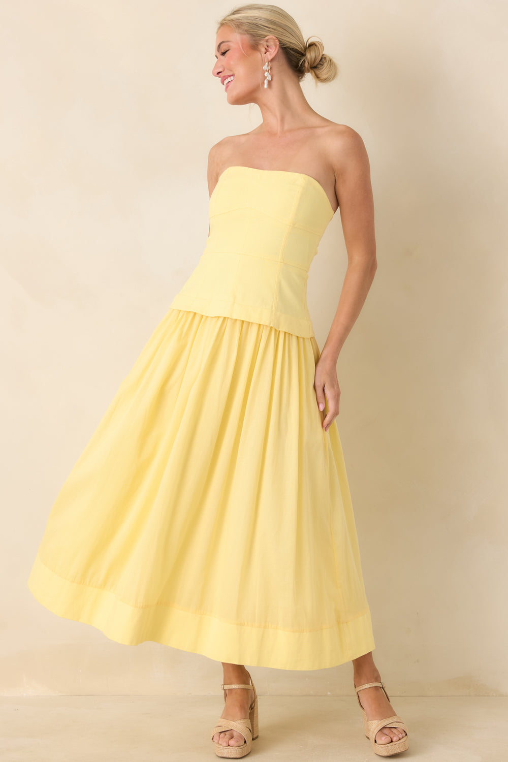 Yellow-Midi-Dress-With-Bustier-Style-Paneled-Bodice