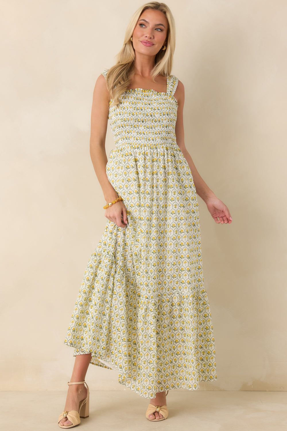 Yellow-Multicolor-Cotton-Maxi-Dress-Smocked-Bodice-Tiered-Skirt