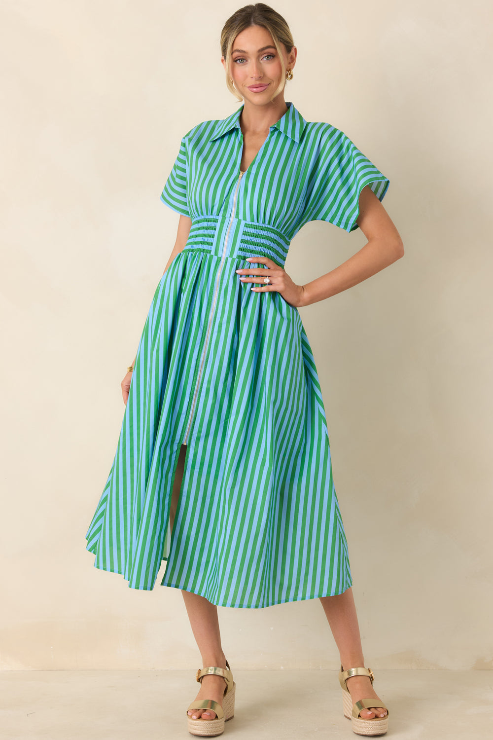 Zip-Front-Light-Blue-And-Green-Striped-Midi-Dress